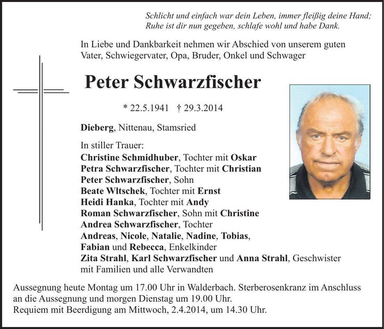 Traueranzeige Peter Schwarzfischer