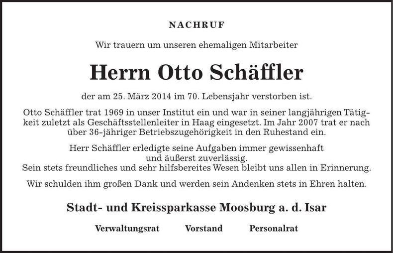 Traueranzeige Otto Schäffler