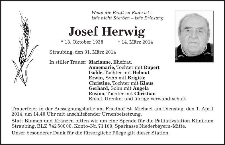 Traueranzeige Josef Herwig