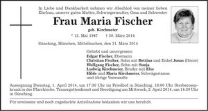 Traueranzeige Maria Fischer