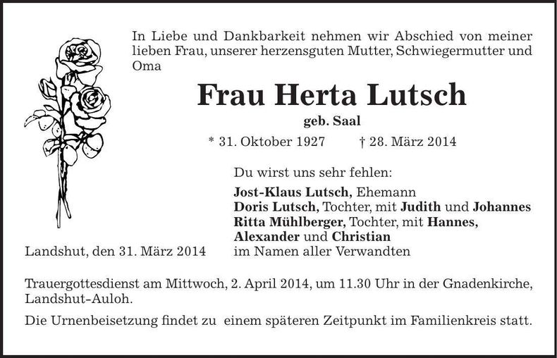 Traueranzeige Herta Lutsch