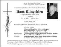 Traueranzeige Hans Klingshirn