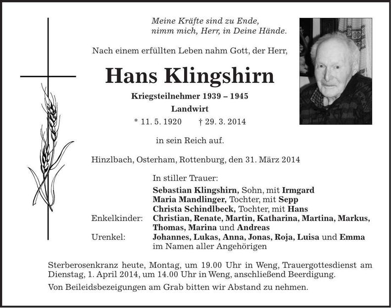 Traueranzeige Hans Klingshirn
