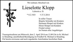 Traueranzeige Lieselotte Klopp