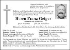 Traueranzeige Franz Geiger