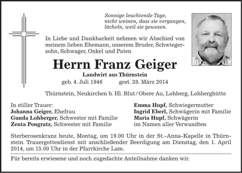Traueranzeige Franz Geiger