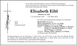 Traueranzeige Elisabeth Eibl