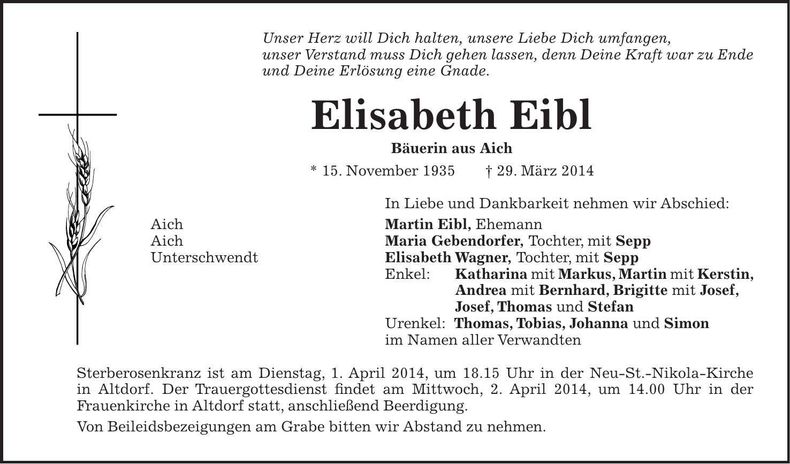 Traueranzeige Elisabeth Eibl