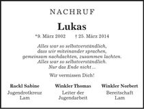 Traueranzeige Lukas Treml