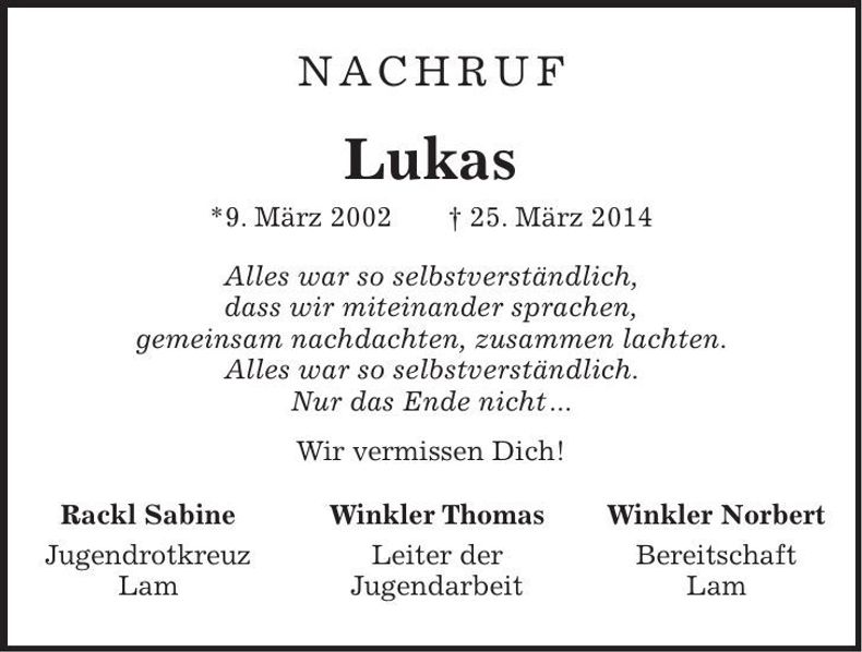 Traueranzeige Lukas Treml