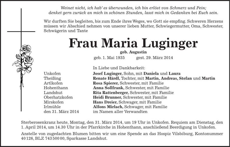 Traueranzeige Maria Luginger