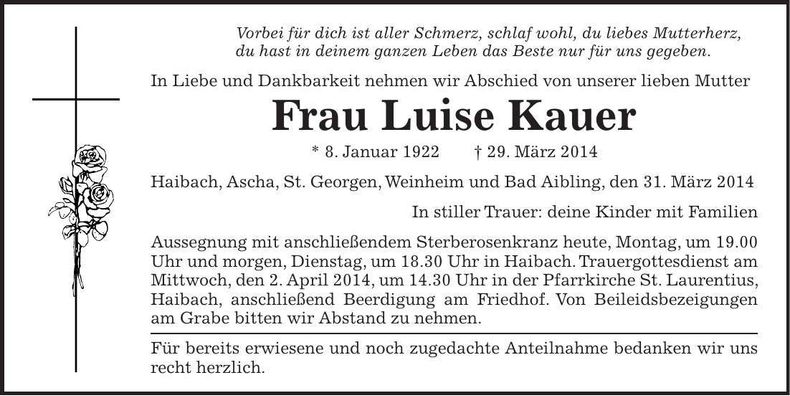 Traueranzeige Luise Kauer