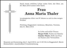 Traueranzeige Anna Maria Thaler