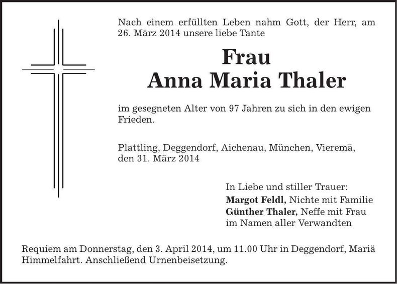 Traueranzeige Anna Maria Thaler