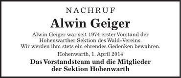 Traueranzeige Alwin Geiger