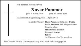 Traueranzeige Xaver Pommer
