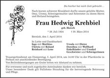 Traueranzeige Hedwig Krehbiel