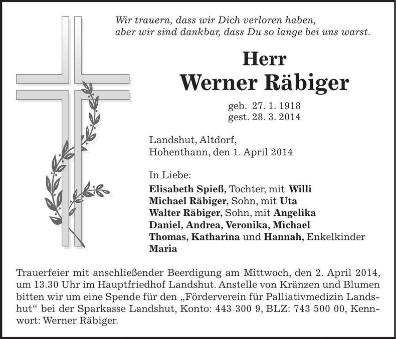 Traueranzeige Werner Räbiger