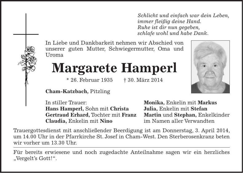 Traueranzeige Margarete Hamperl