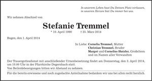 Traueranzeige Stefanie Tremmel