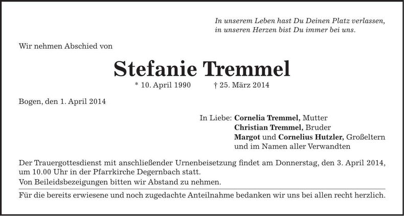 Traueranzeige Stefanie Tremmel