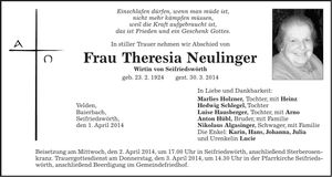 Traueranzeige Theresia Neulinger