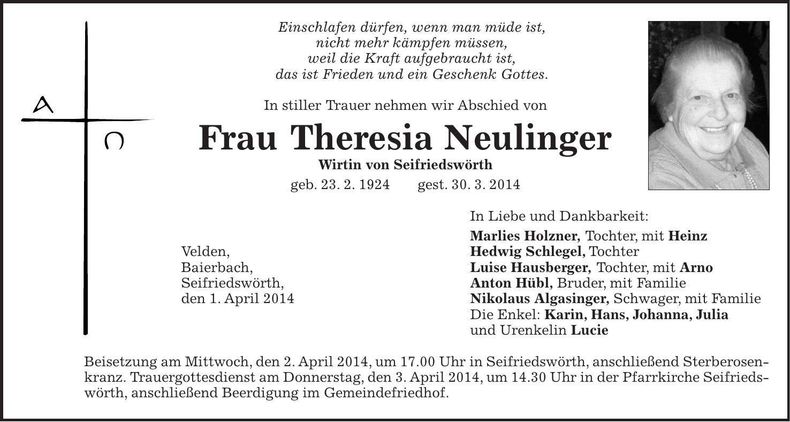 Traueranzeige Theresia Neulinger