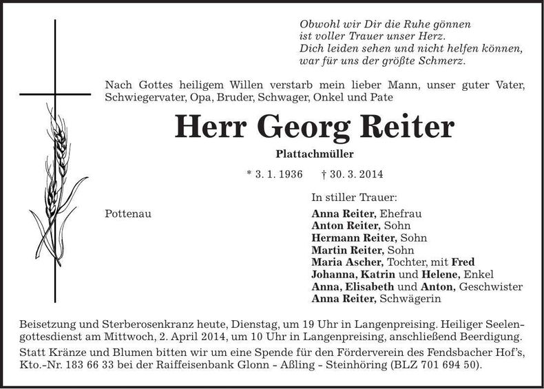 Traueranzeige Georg Reiter