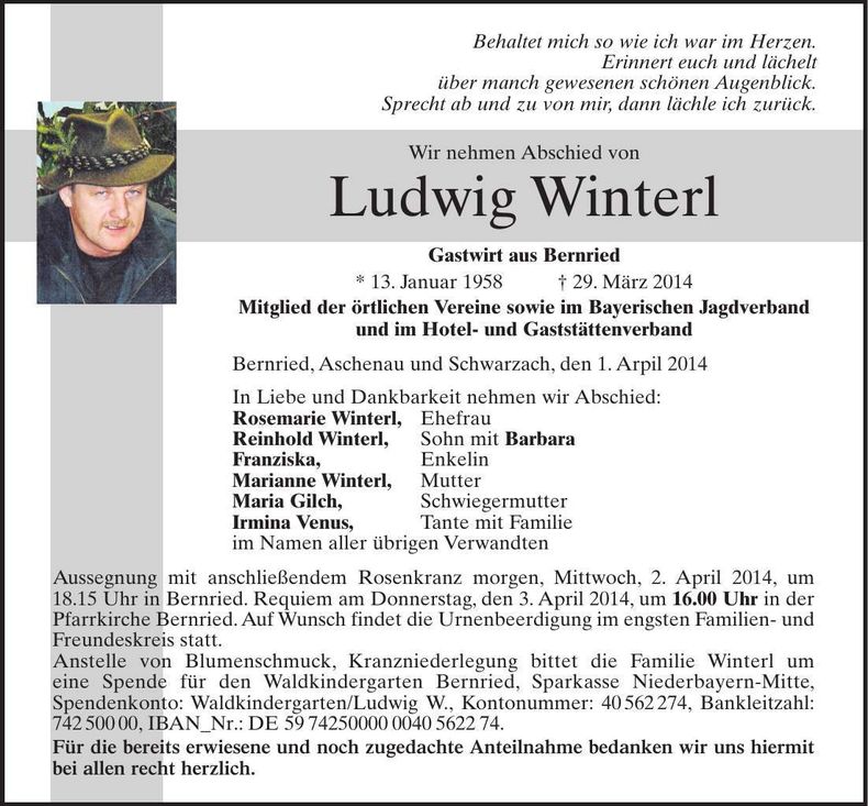 Traueranzeige Ludwig Winterl