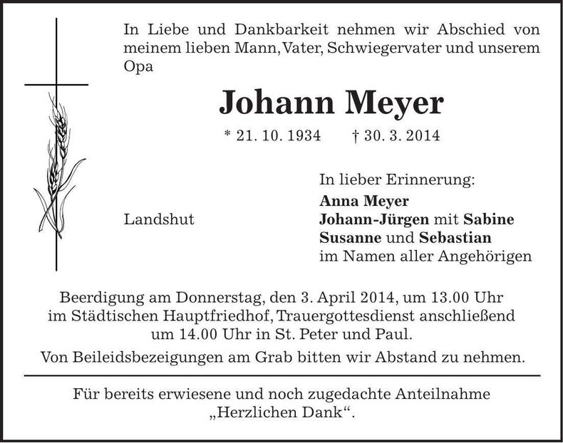 Traueranzeige Johann Meyer