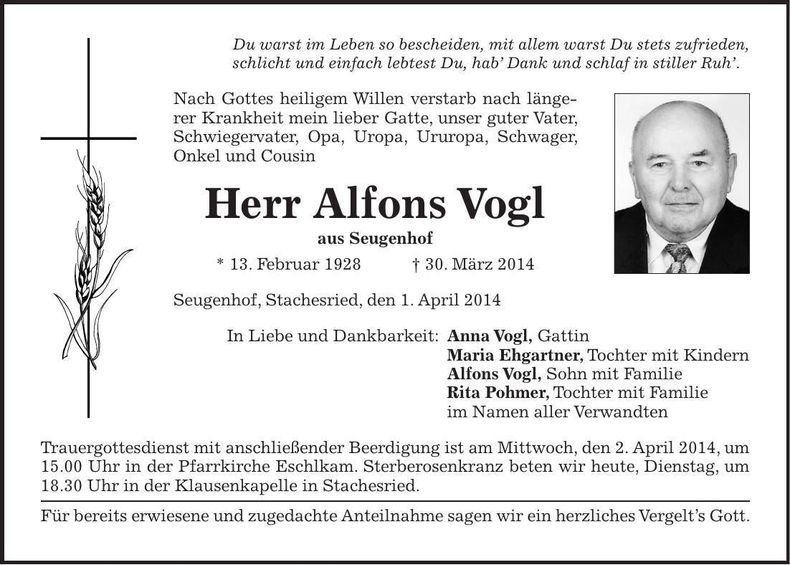 Traueranzeige Alfons Vogl