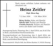 Traueranzeige Heinz Zeitler