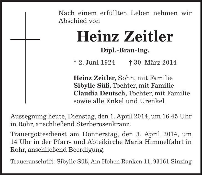 Traueranzeige Heinz Zeitler