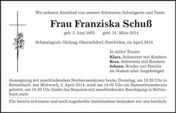 Traueranzeige Franziska Schuß