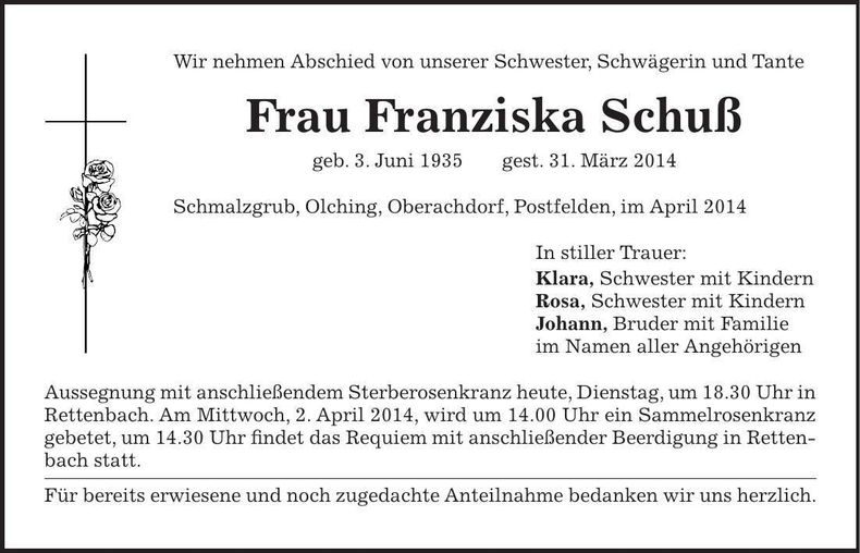 Traueranzeige Franziska Schuß