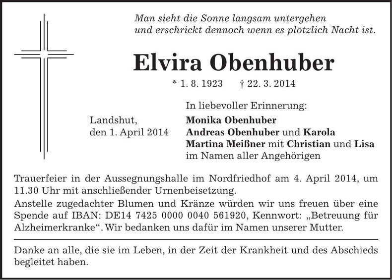 Traueranzeige Elvira Obenhuber