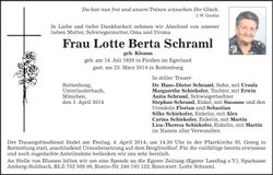 Traueranzeige Lotte Berta Schraml