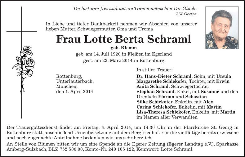Traueranzeige Lotte Berta Schraml
