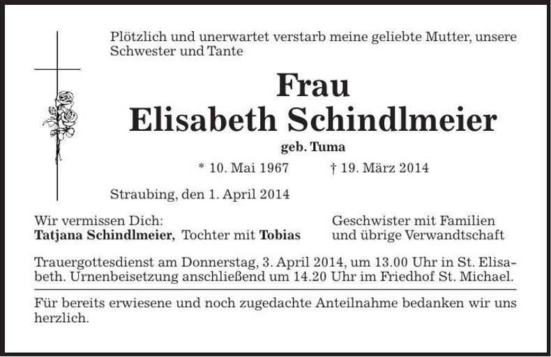 Traueranzeige Elisabeth Schindlmeier