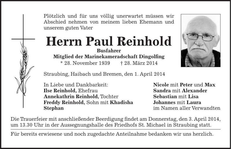 Traueranzeige Paul Reinhold