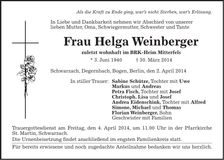 Traueranzeige Helga Weinberger