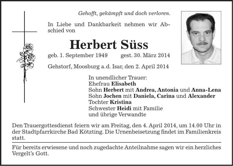Traueranzeige Herbert Süss