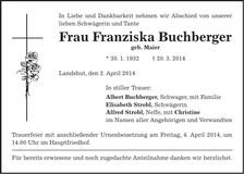 Traueranzeige Franziska Buchberger