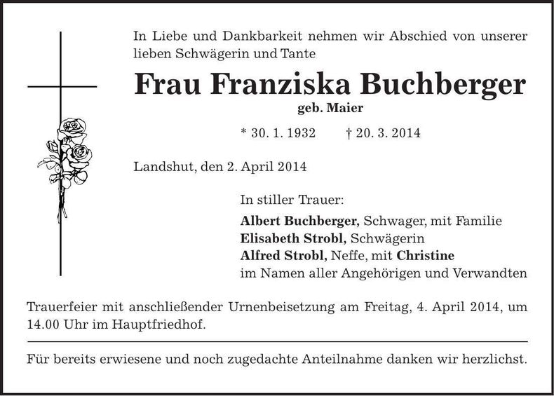 Traueranzeige Franziska Buchberger
