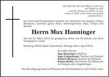 Traueranzeige Max Hanninger