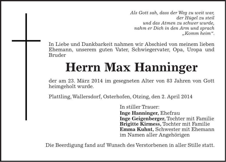 Traueranzeige Max Hanninger