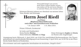 Traueranzeige Josef Riedl