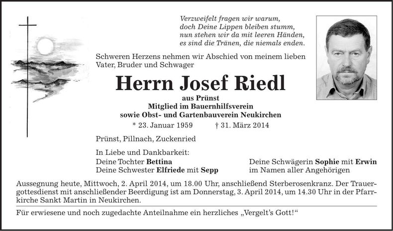 Traueranzeige Josef Riedl