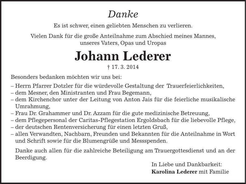 Traueranzeige Johann Lederer