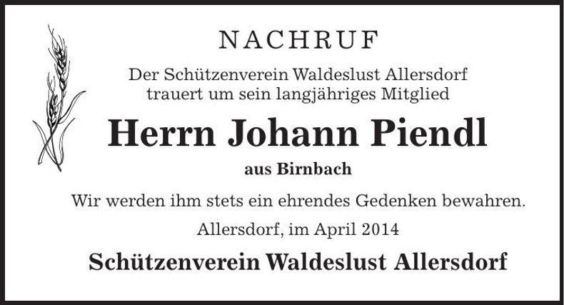 Traueranzeige Johann Piendl